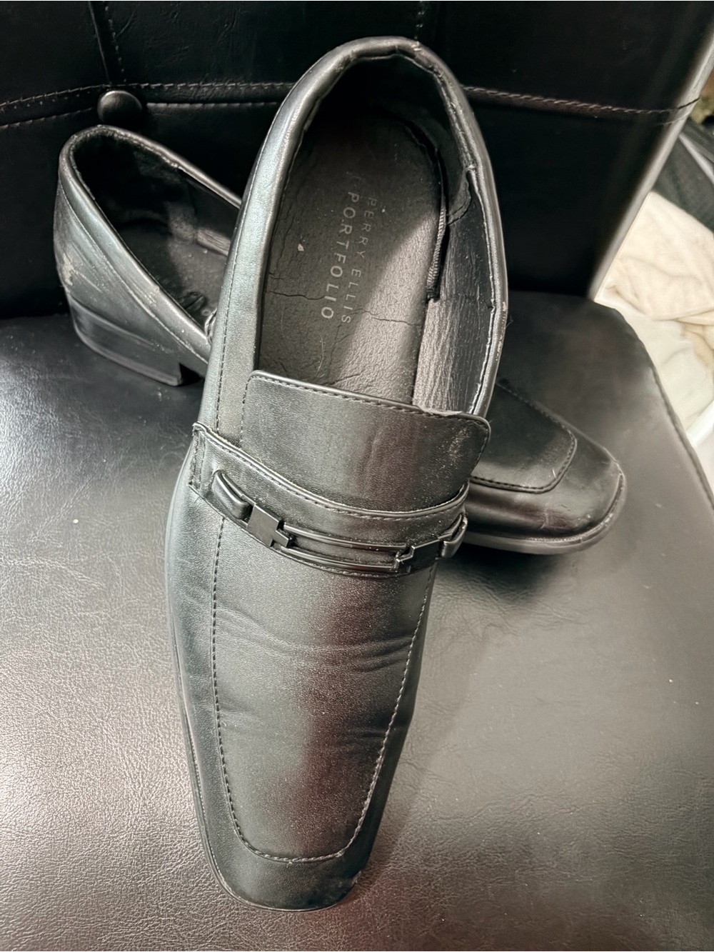 Perry Ellis Black Slip-On Leather Loafers with Metal Bit